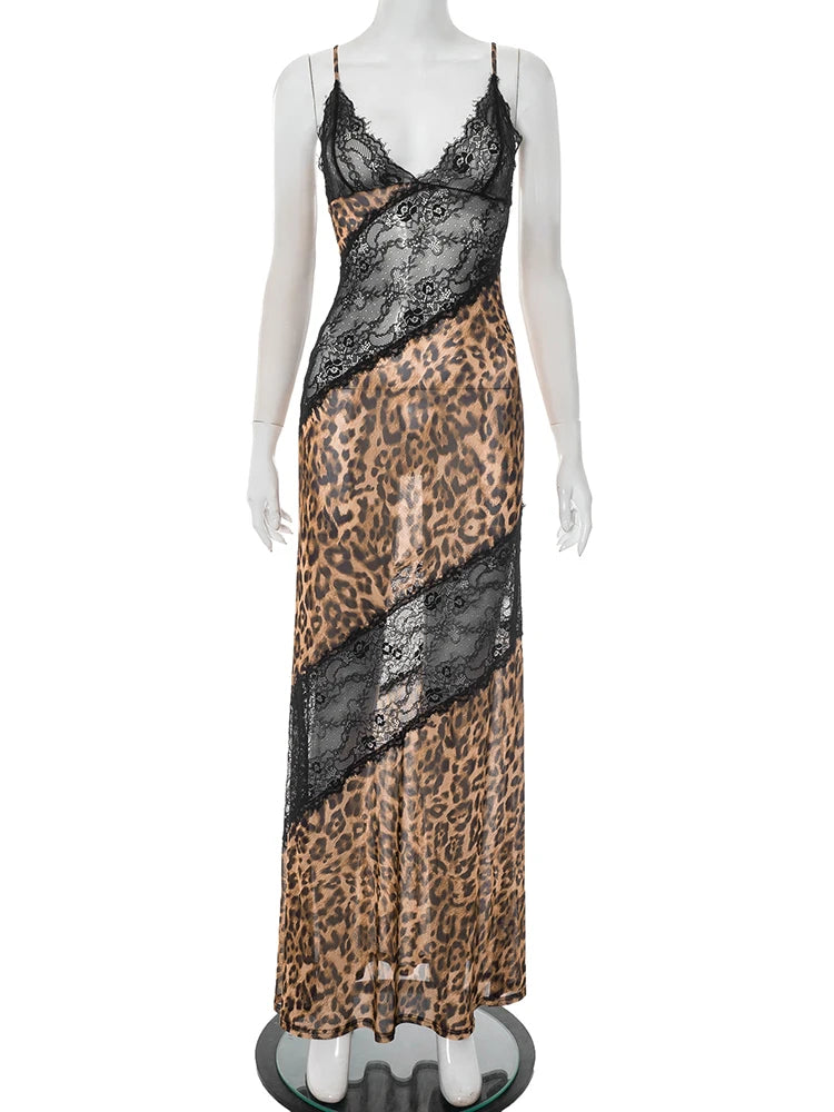 Weird Puss Mesh Patchwork Mermaid Dress Women Leopard Print Sexy Low-Neck Cleavage Backless Ruched Midnight Fashion Long Bodycon