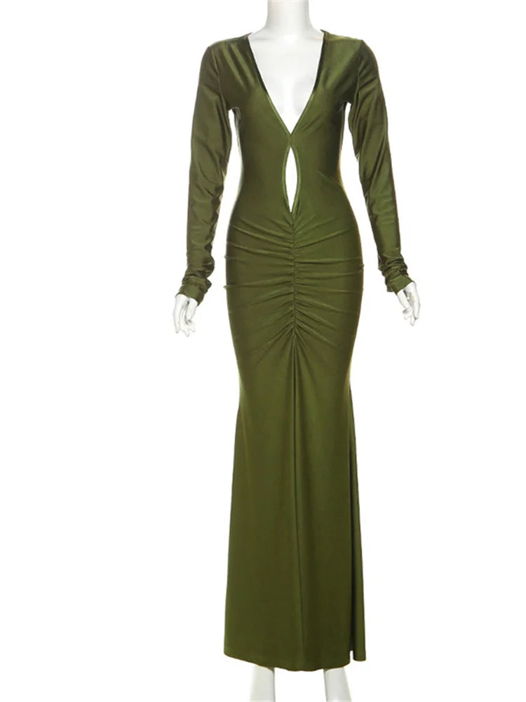 Nibber Elegante High Street Vrouwen Jurk Sexy Lage Hals Holle Volledige Mouw Lichaamsvormende Vestidos Vrouwelijke Trend Effen Avondkleding