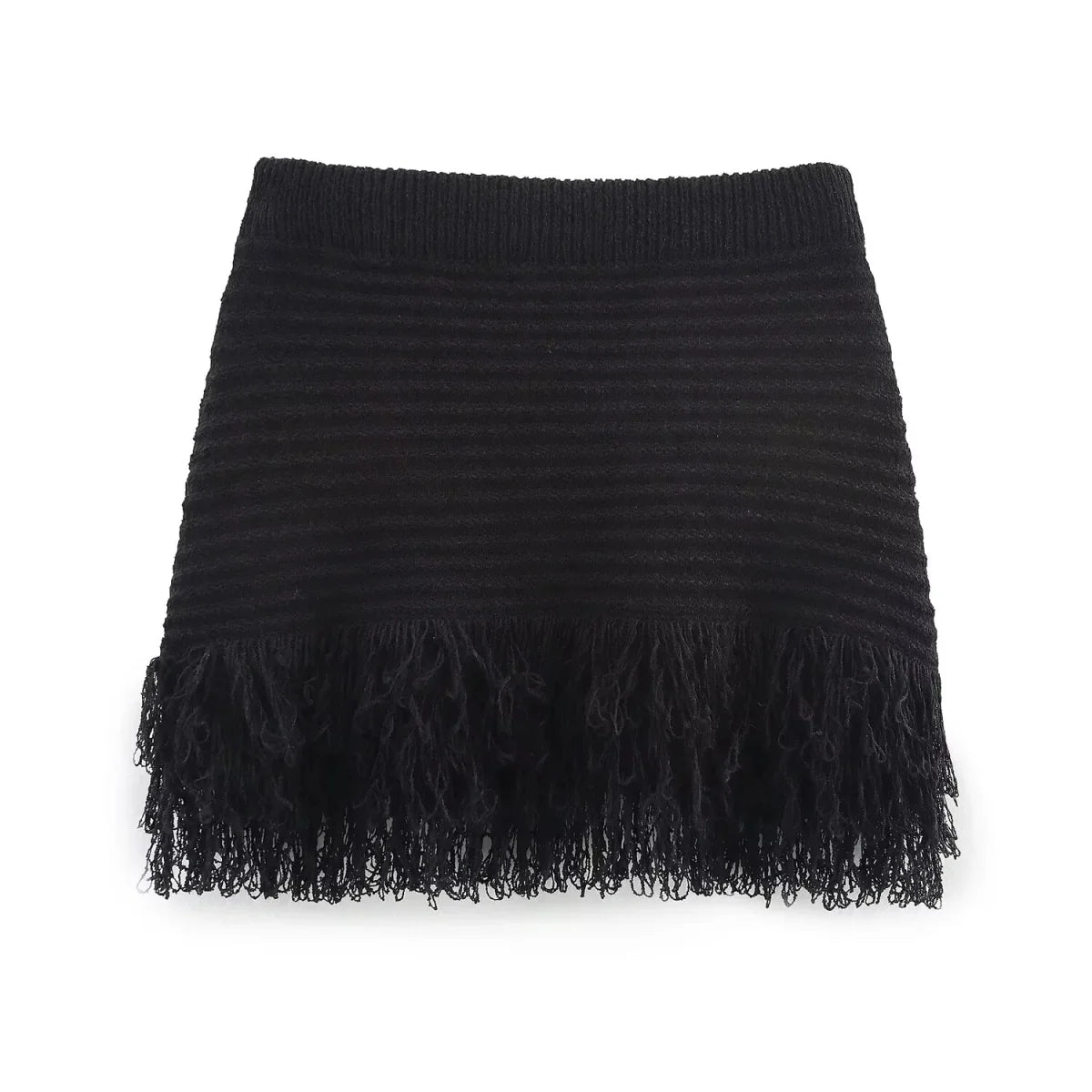 TRAFZA 2025 Spring Summer Sexy Knitted Tassel Solid Women Suit Fashion Turndown Collar Hollow Out Shirt Elastic Wasit Mini Skirt