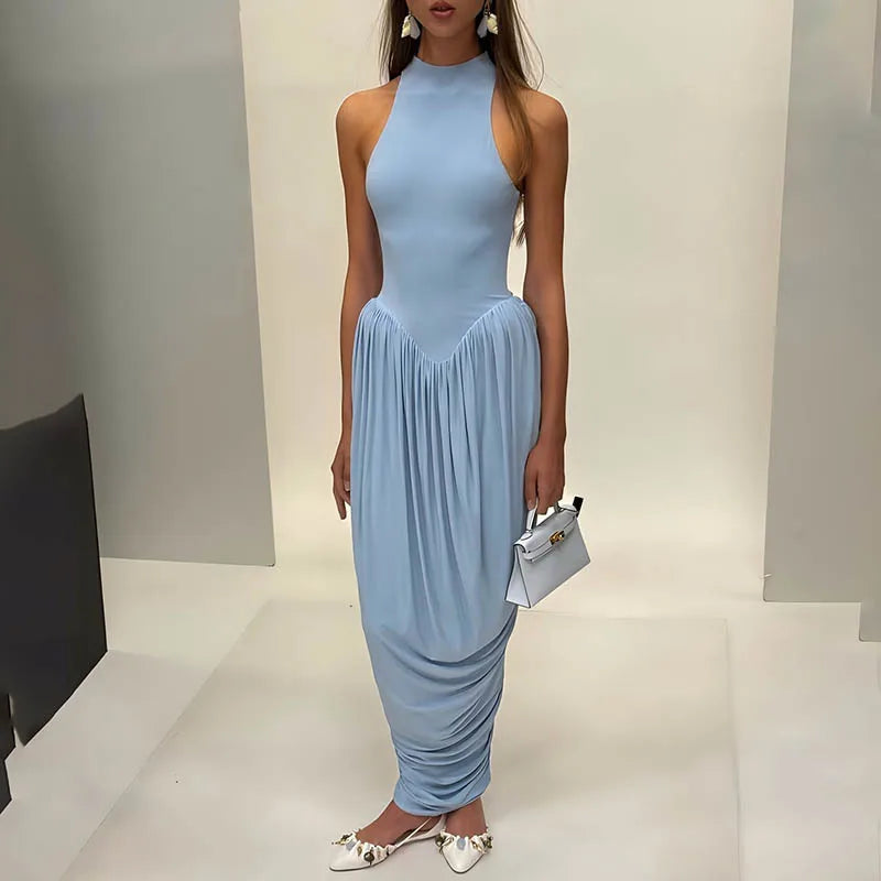 Blifanbo Pleated Elegant O Neck Maxi Dress For Women Off-shoulder Fashion Slim Fit Sleeveless Patchwork Sexy Club Party Dress