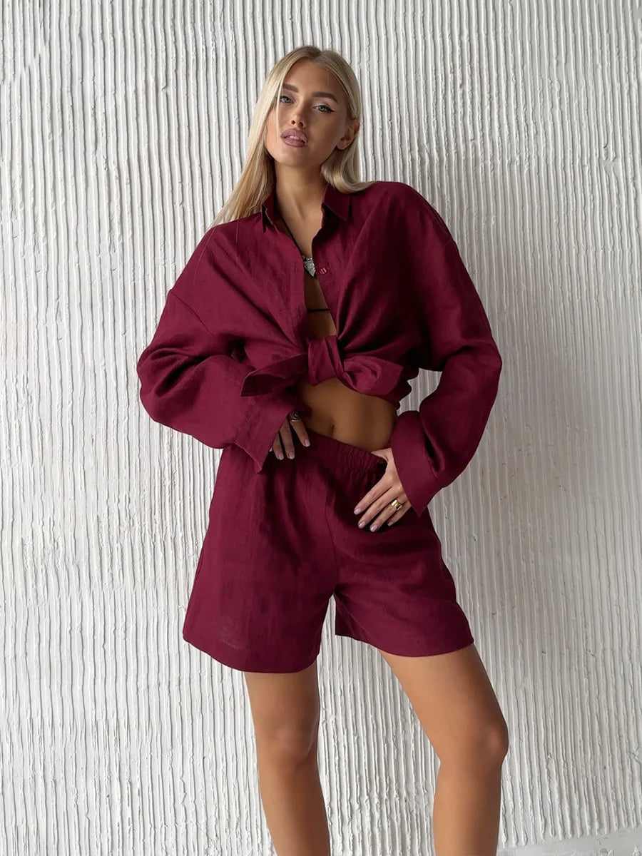 Bornladies Cotton Casual Pants Sets Women&#39;s Solid Color Cozy Lapel Long Sleeve Shirt Summer Outfit Elastic Waist Pants Suits