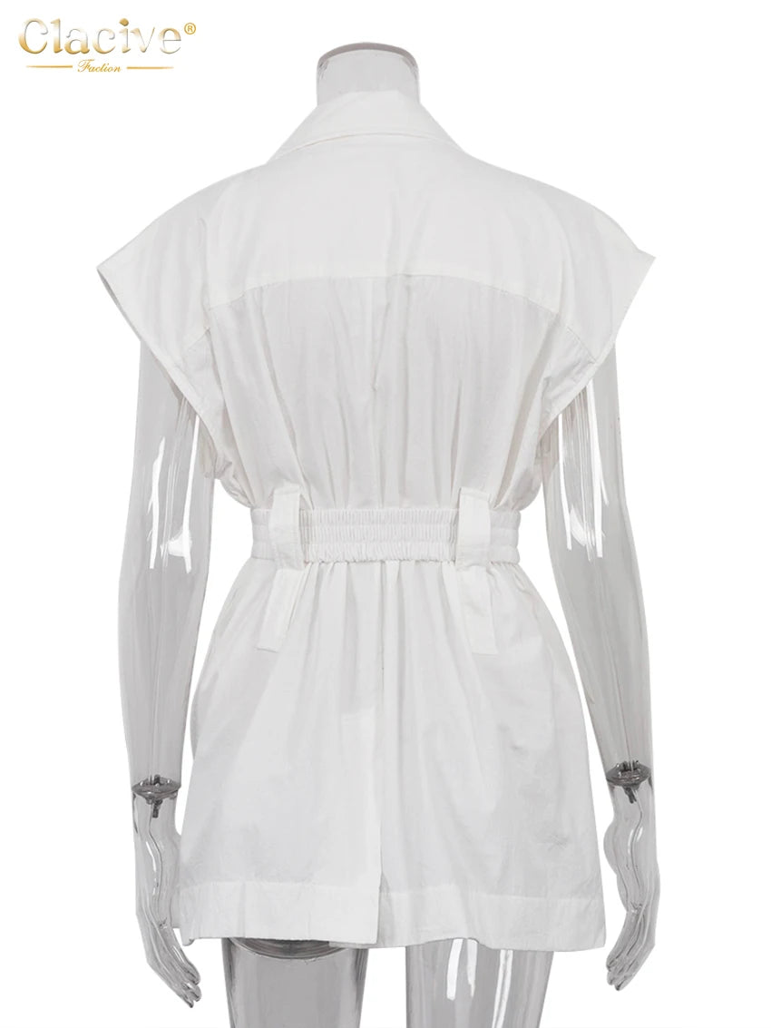 Clacive Fashion Loose White Cotton Women&#39;s Shirt 2024 Elegant Lapel Sleeveless Shirts Casual Classic Solid Top Female Clothing