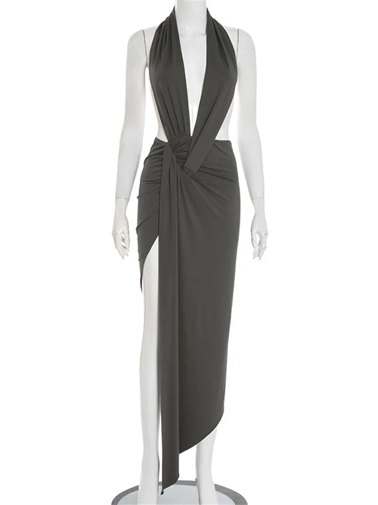 Weird Puss Elegant Halter Backless Dress Women Deep V-Neck Sleeveless Slit Irregular Party Banquet Activity Stretch Clubwear