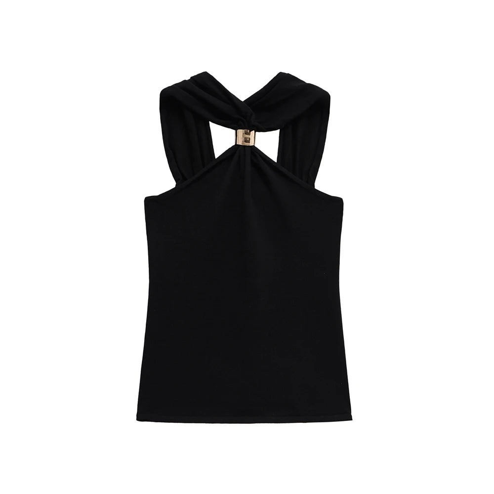 TRZA Women&#39;s Fashion Knit Halterneck Tank Top Gold Appliques Wide Straps Camisole Female Topwear