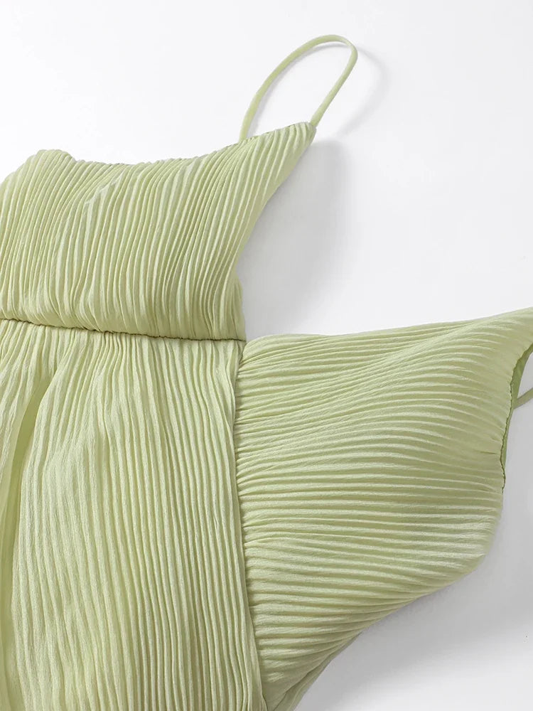 Pleated Perspective Halter Dress V-Neck Hanging Neck Sexy Backless Suspender Robes Loose Vacation Beach Women Long Dresses New
