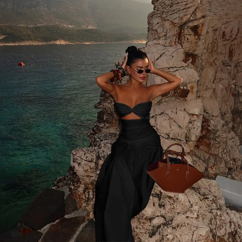 Women&#39;s Hot Girl Simple Solid Color Sleeveless Beach Skirt Holiday Strapless High Waist Women&#39;s Long Sleeveless Hollow Dress