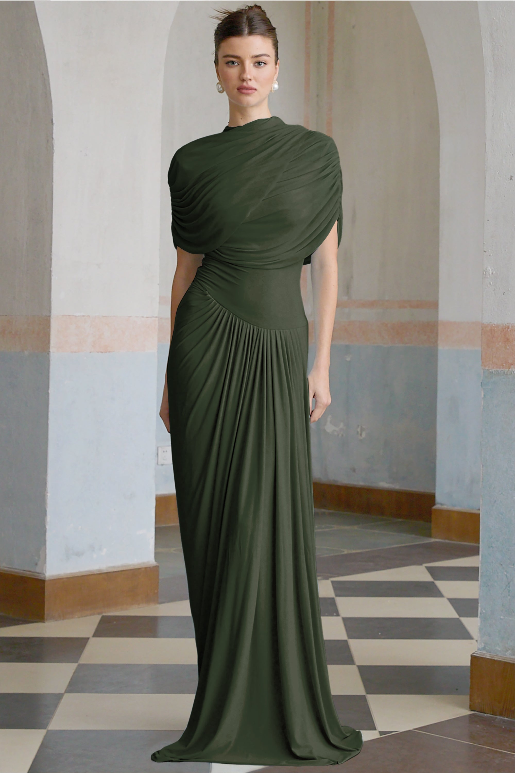 Catherine asymmetrical pleated maxi dress in Green