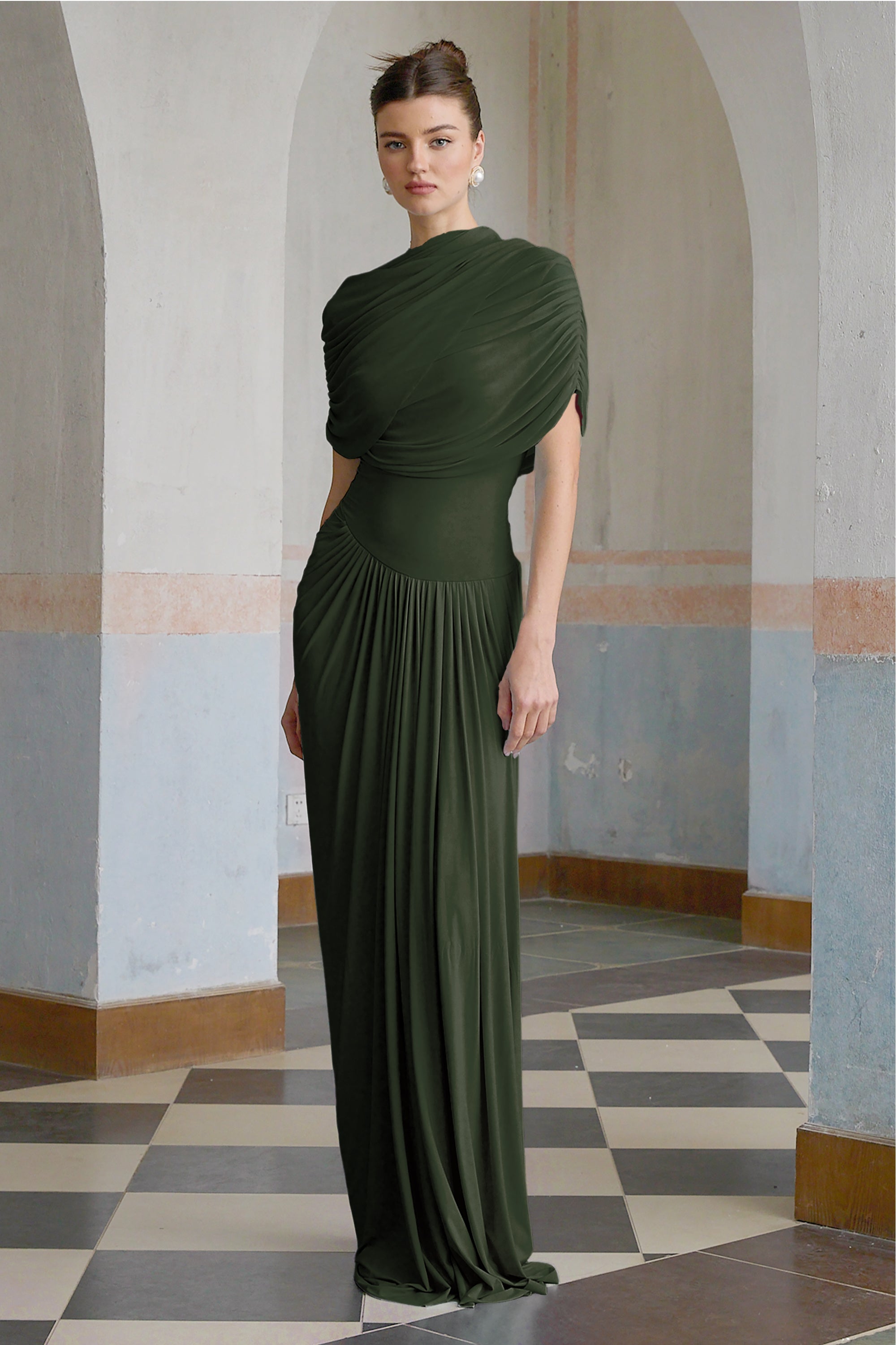 Catherine asymmetrical pleated maxi dress in Green