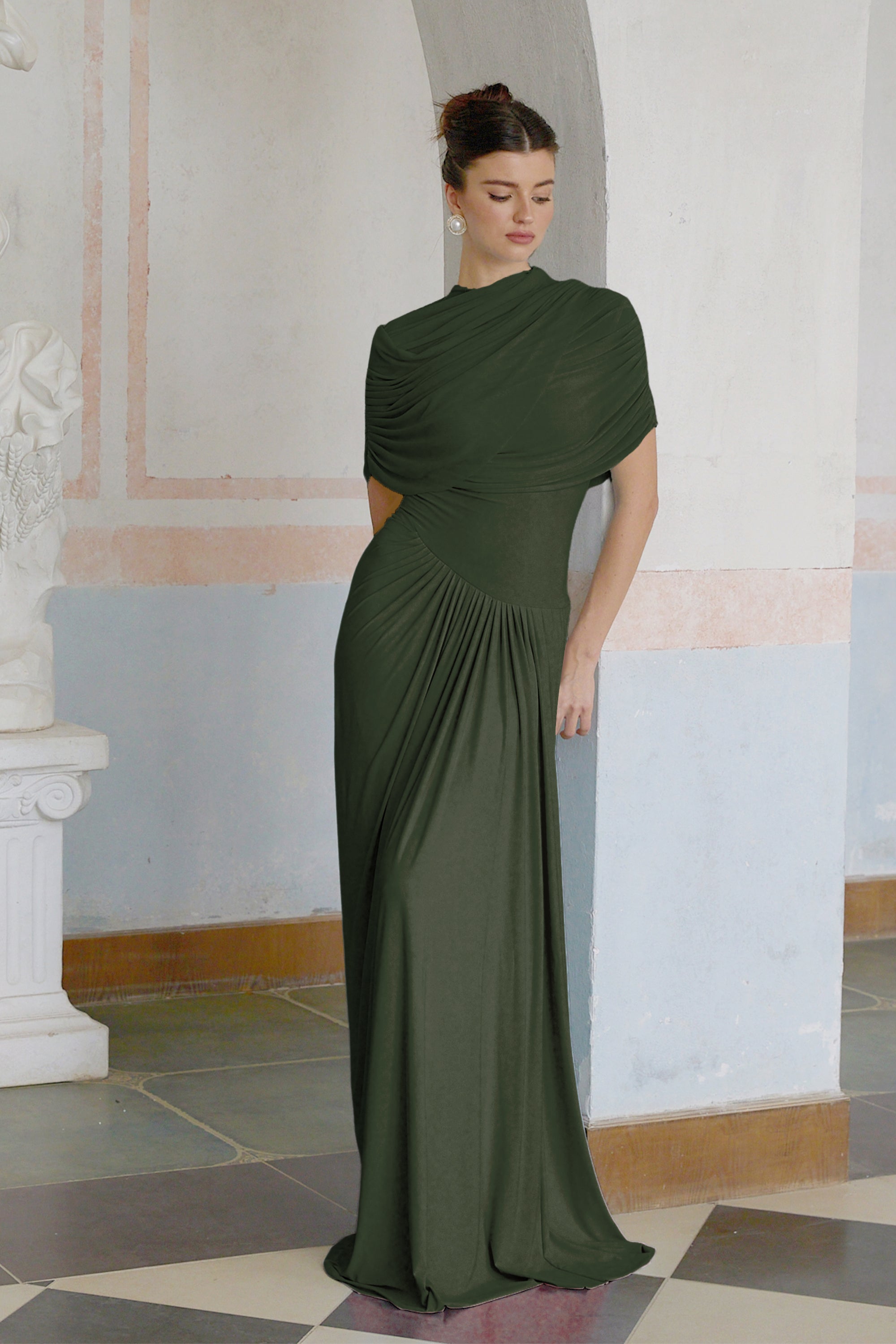 Catherine asymmetrical pleated maxi dress in Green