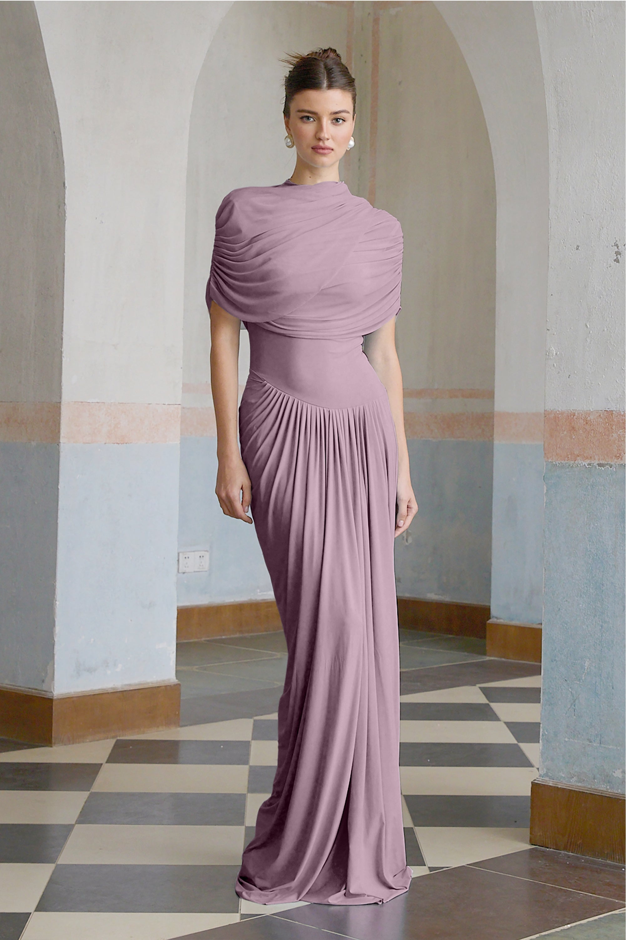 Catherine asymmetrical pleated maxi dress in Purple