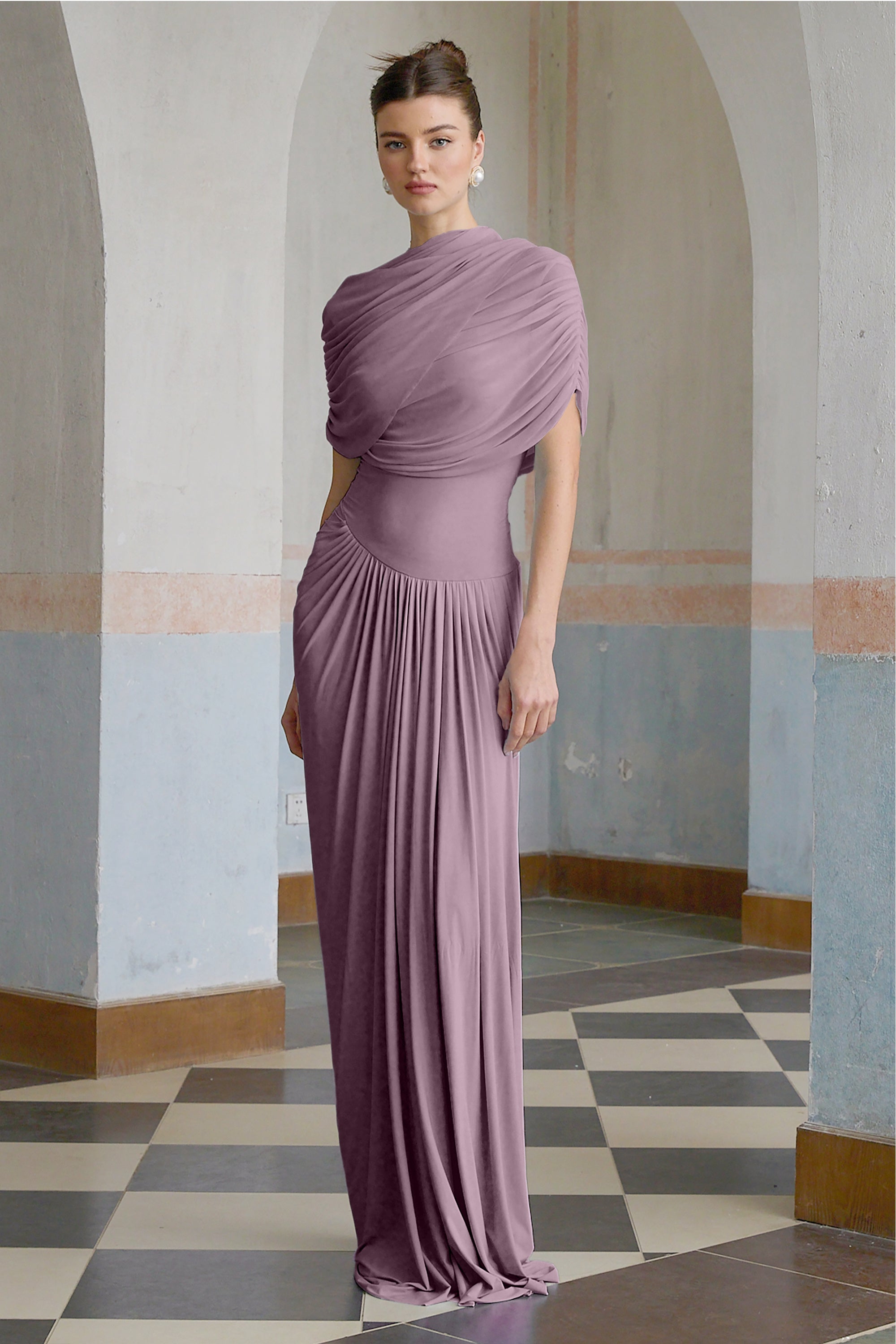Catherine asymmetrical pleated maxi dress in Purple