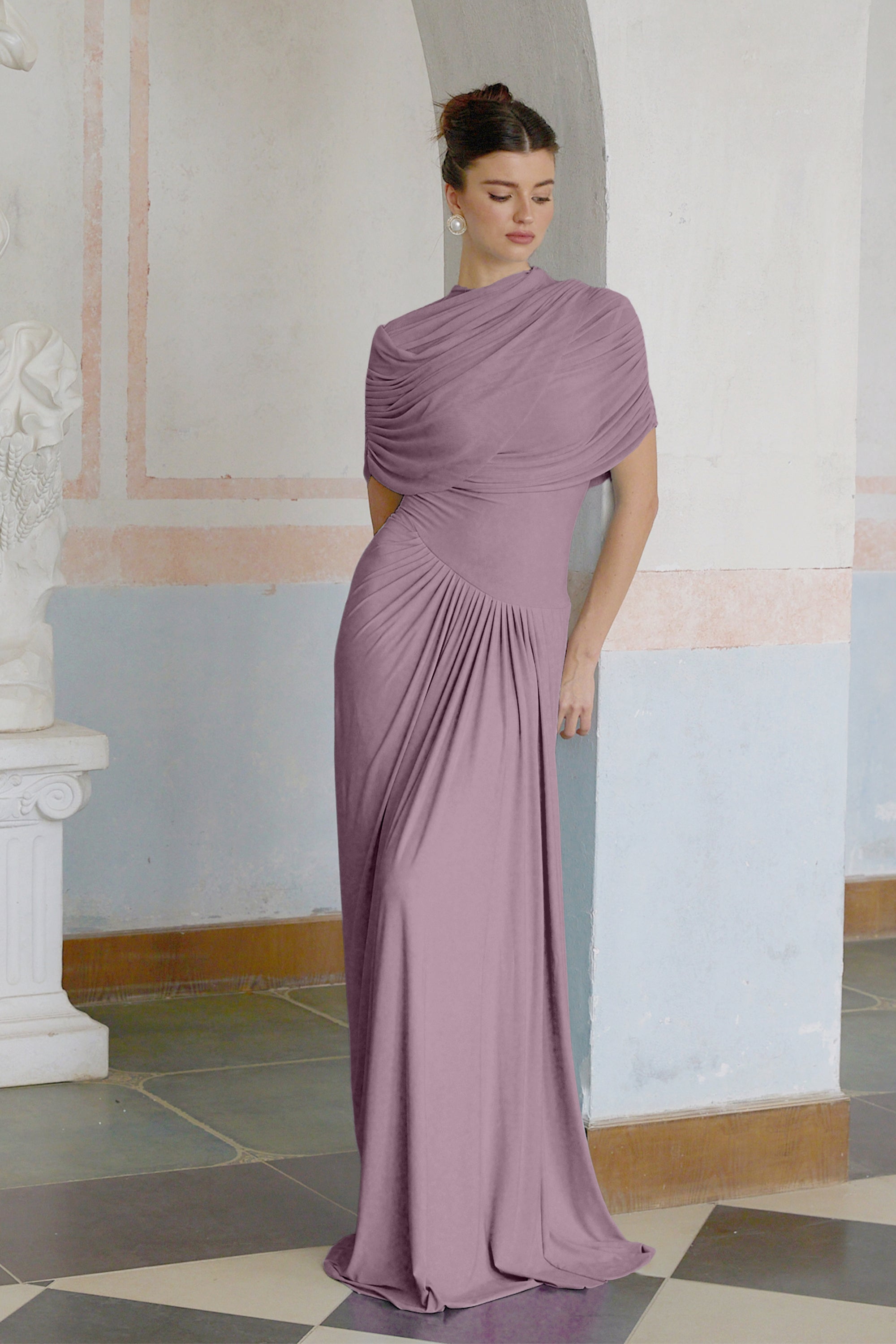 Catherine asymmetrical pleated maxi dress in Purple