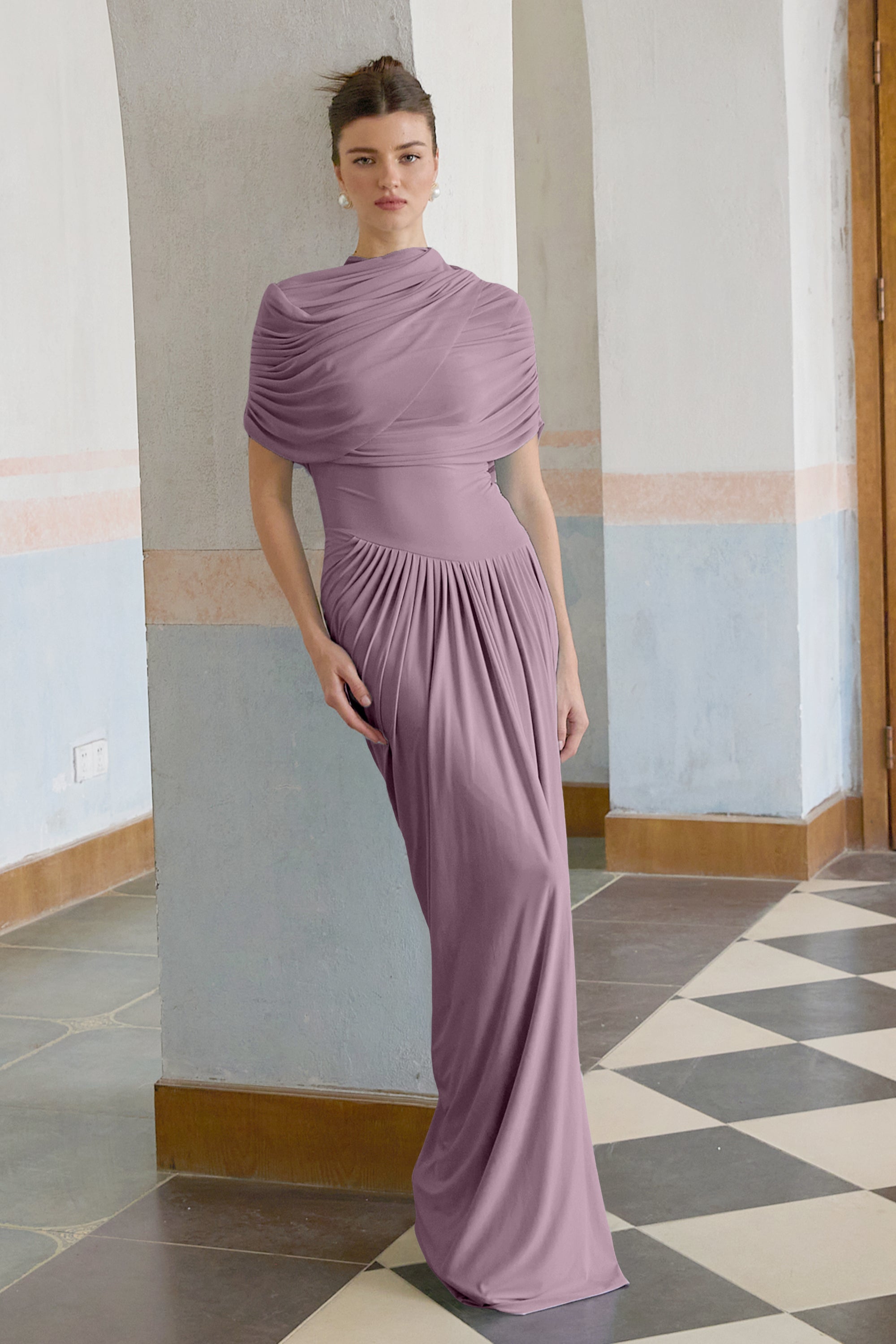 Catherine asymmetrical pleated maxi dress in Purple